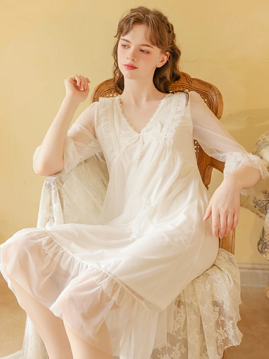 Slessic Vintage Romantic French Court Style Exquisite Ruffled Edge Lace Mesh Big Bow Double-Layer Nightdress Nightwear Sleepwear