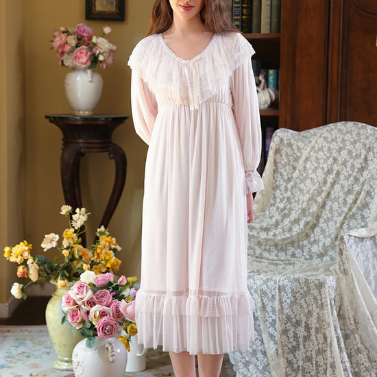 Slessic Vintage Romantic Palace Style V-neck Large Exquisite Lace Embroidery Double-layer Mesh Elegant Nightdress Nightwear Sleepwear