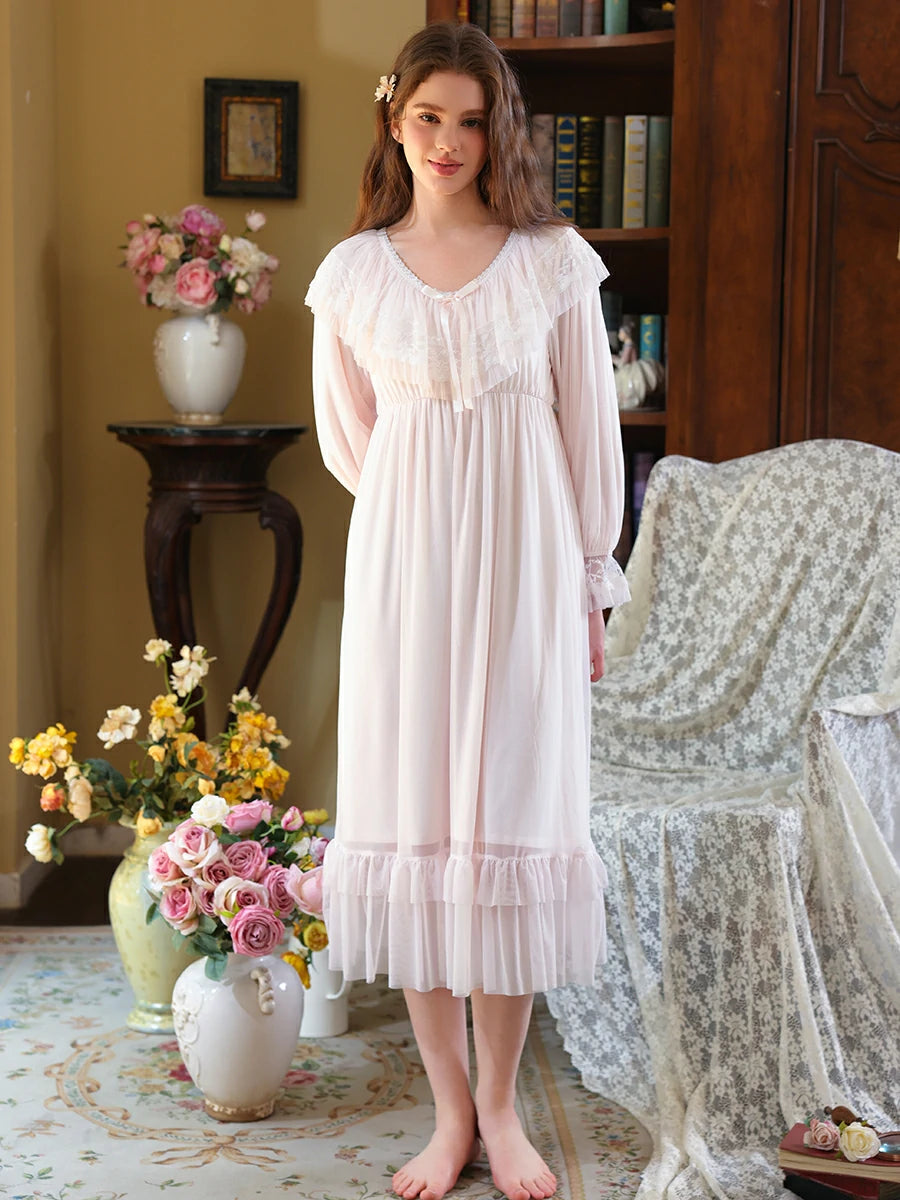 Slessic Vintage Romantic Palace Style V-neck Large Exquisite Lace Embroidery Double-layer Mesh Elegant Nightdress Nightwear Sleepwear