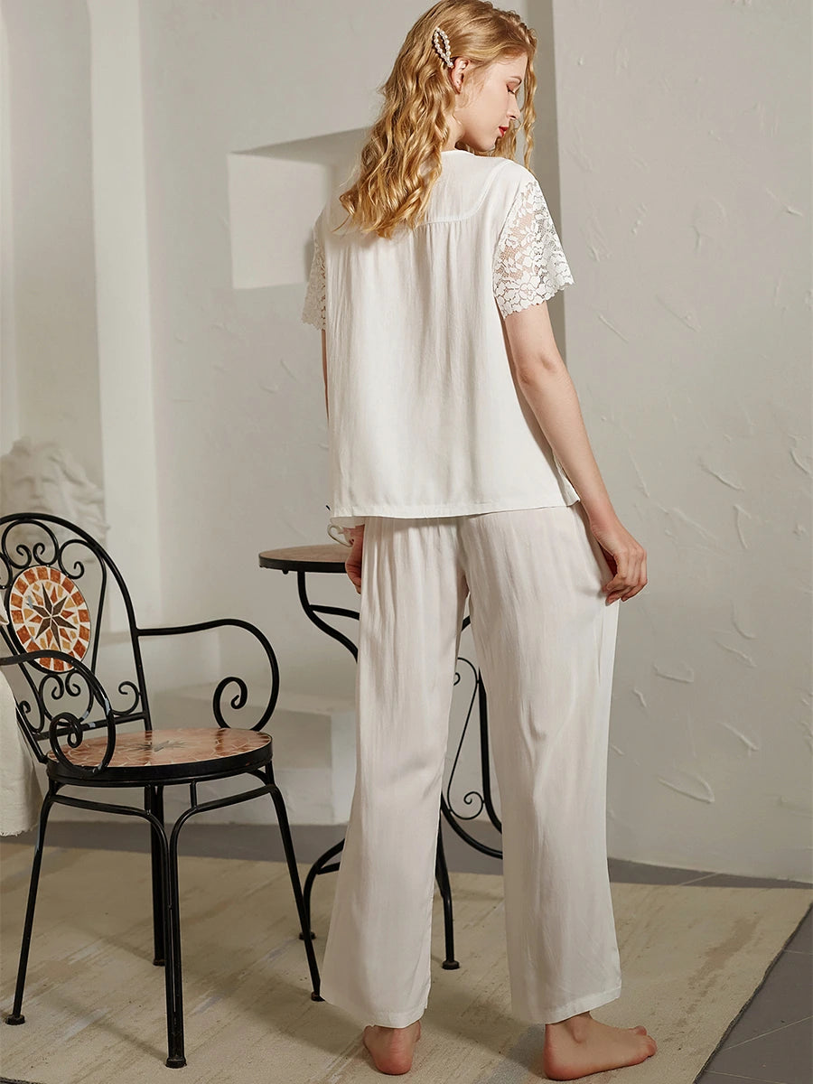 Whie Vintage Lace Splicing Button Delicate Short Sleeve Loungewear Nightwear Pajama set