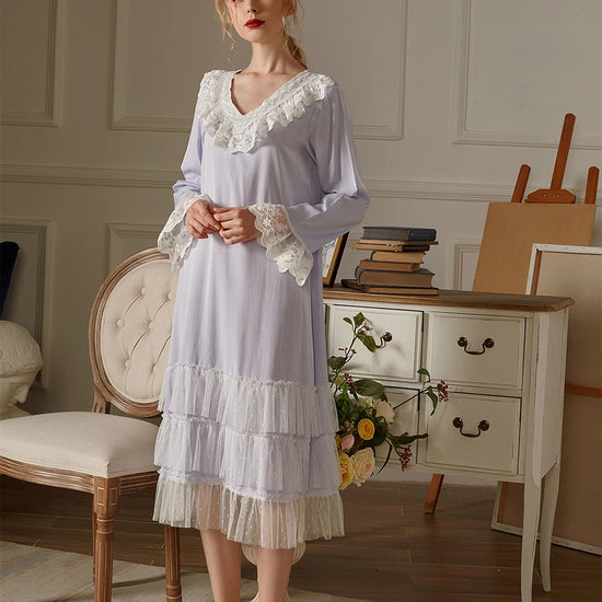 Light Purple Vintage Romantic See-through Polka Dot Printing Lace Embroidery Neckline Cuff Elegant Nightwear Nightdress