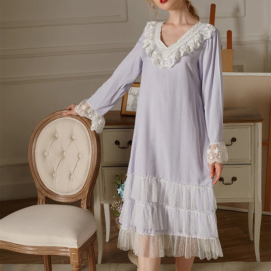 Light Purple Vintage Romantic See-through Polka Dot Printing Lace Embroidery Neckline Cuff Elegant Nightwear Nightdress