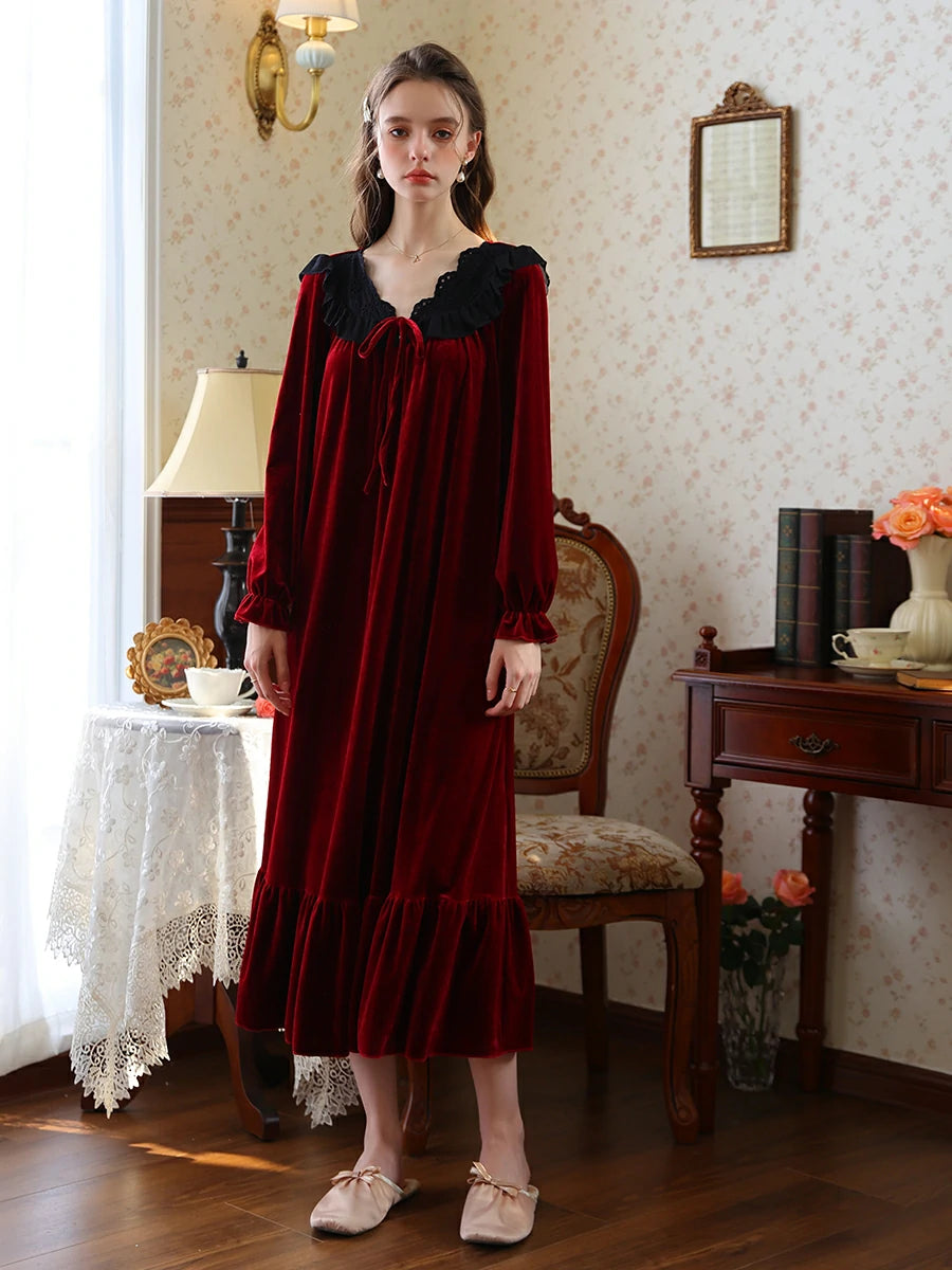 SlesSic Velvet Ruffle Nightgown – Vintage Romantic Long Sleeve Sleep Dress