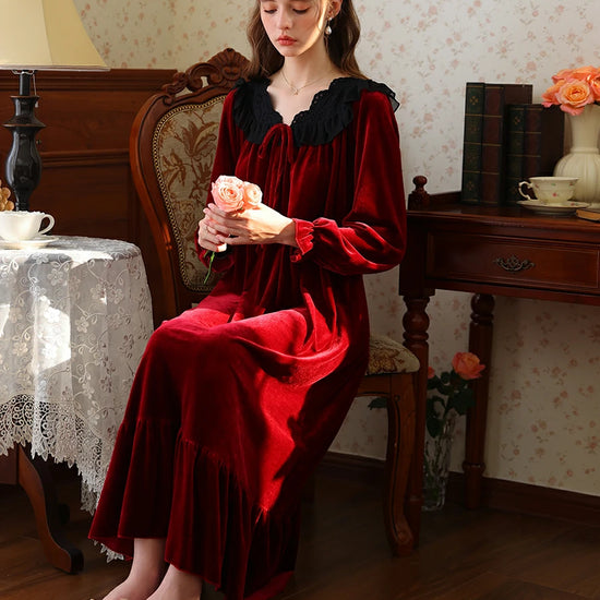 Slessic Romantic French Loose Exquisite Large Embroidered Autumn And Winter Warm Velvet Nightdress Nightwear Sleepwear