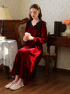 Romantic burgundy velvet lounge dress with flowing ruffle hem for women
