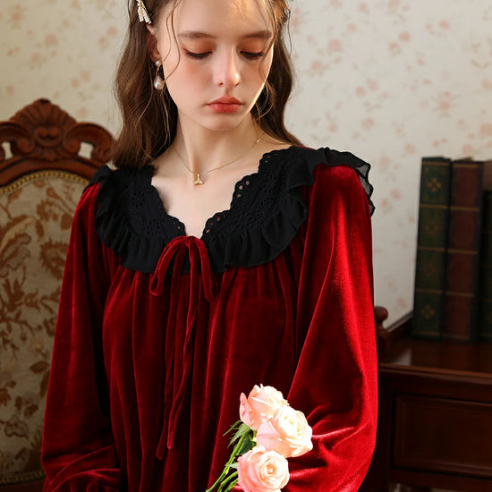 Slessic Romantic French Loose Exquisite Large Embroidered Autumn And Winter Warm Velvet Nightdress Nightwear Sleepwear