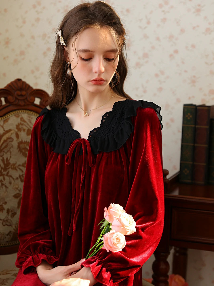 Slessic Romantic French Loose Exquisite Large Embroidered Autumn And Winter Warm Velvet Nightdress Nightwear Sleepwear