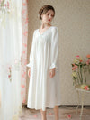 Loose V-neck cotton nightgown with embroidered mesh detail