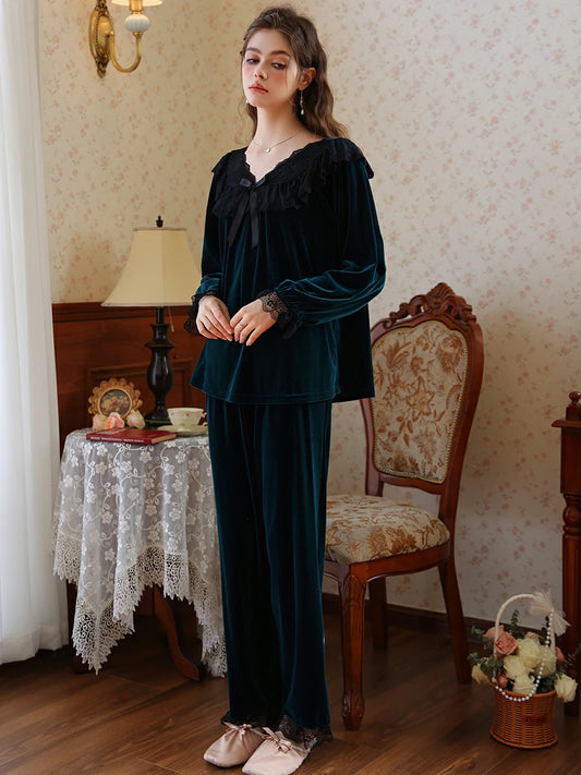 Slessic Romantic Vintage French Exquisite Lace Bow Autumn And Winter Warm Velvet Pajama Set Loungewear Sleepwear
