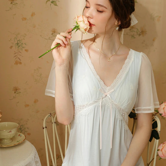 Slessic Vintage Romantic Palace Style Deep V Embroidered Collar Bow See-Through Mesh Lace Short-Sleeved Nightwear Nightgown