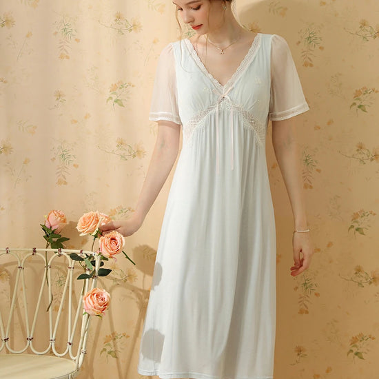 Slessic Vintage Romantic Palace Style Deep V Embroidered Collar Bow See-Through Mesh Lace Short-Sleeved Nightwear Nightgown