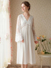 White vintage lace long sleeve nightgown with romantic flowing silhouette