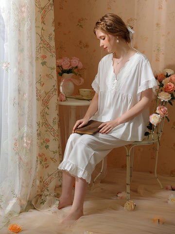 White Romantic Vintage Big V-Neck Embroidered Bow-Knot Lace Short-Sleeved Loungewear Nightwear Pajama Set
