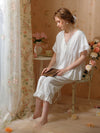 Romantic white lace trim cotton pajama set for women