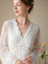 Elegant cotton lace sleep dress with sheer embroidered sleeves for women