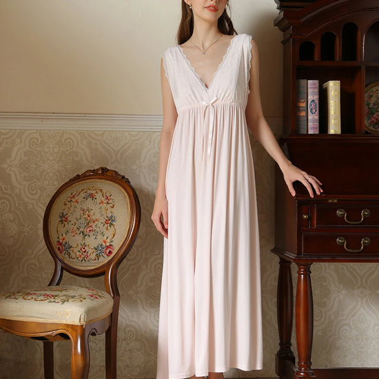 Slessic Vintage French Romantic Large V-Neck Exquisite Embroidered Bow Elegant Sleeveless Slip Nightdress Nightwear Sleepwear