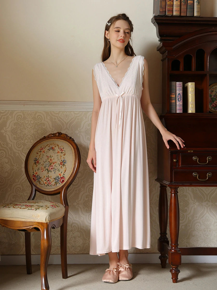 Slessic Vintage French Romantic Large V-Neck Exquisite Embroidered Bow Elegant Sleeveless Slip Nightdress Nightwear Sleepwear