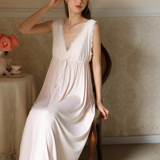 Slessic Vintage French Romantic Large V-Neck Exquisite Embroidered Bow Elegant Sleeveless Slip Nightdress Nightwear Sleepwear