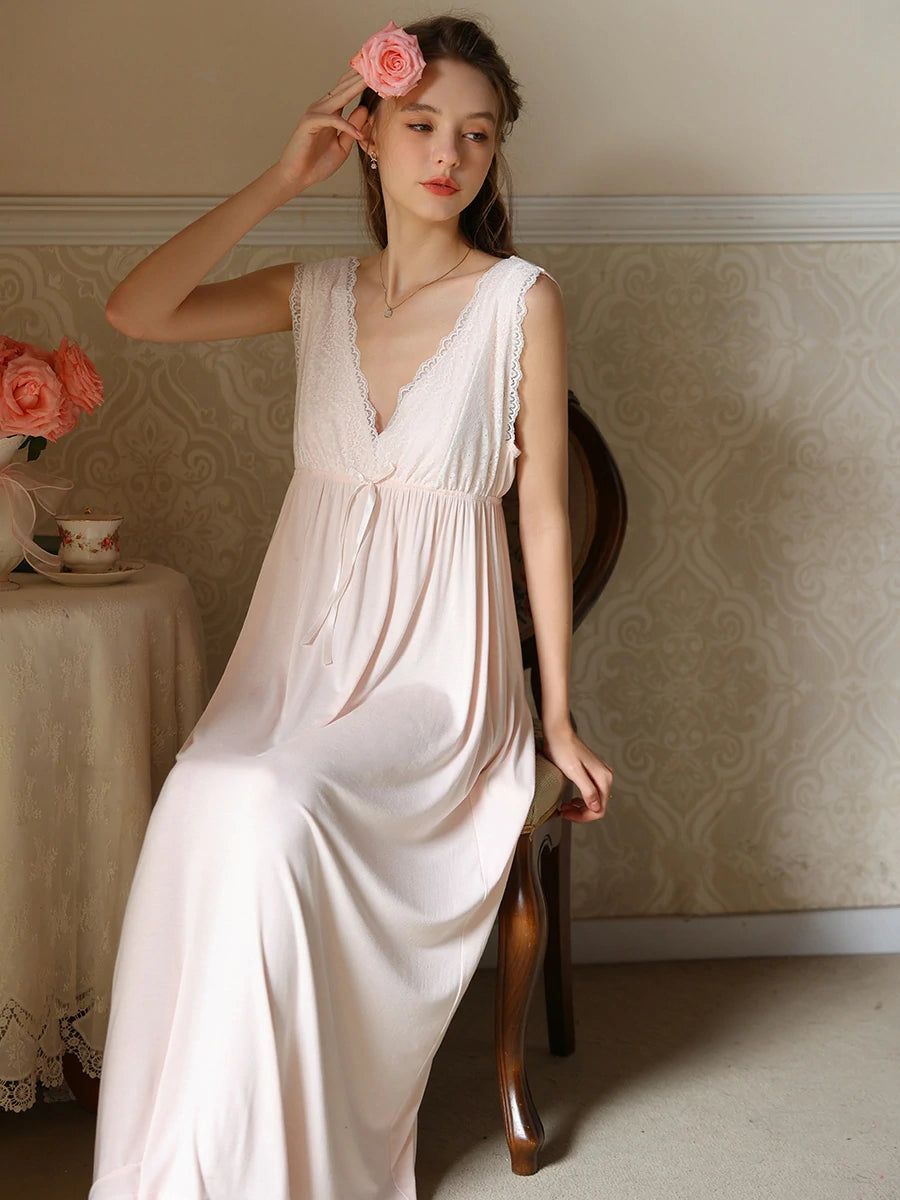 Slessic Vintage French Romantic Large V-Neck Exquisite Embroidered Bow Elegant Sleeveless Slip Nightdress Nightwear Sleepwear