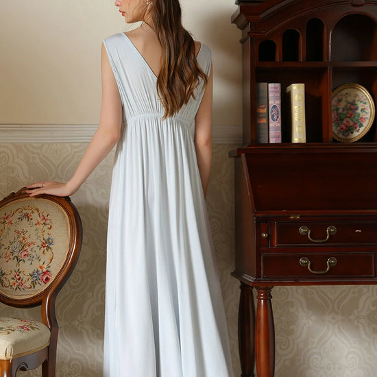 Slessic Vintage French Romantic Large V-Neck Exquisite Embroidered Bow Elegant Sleeveless Slip Nightdress Nightwear Sleepwear