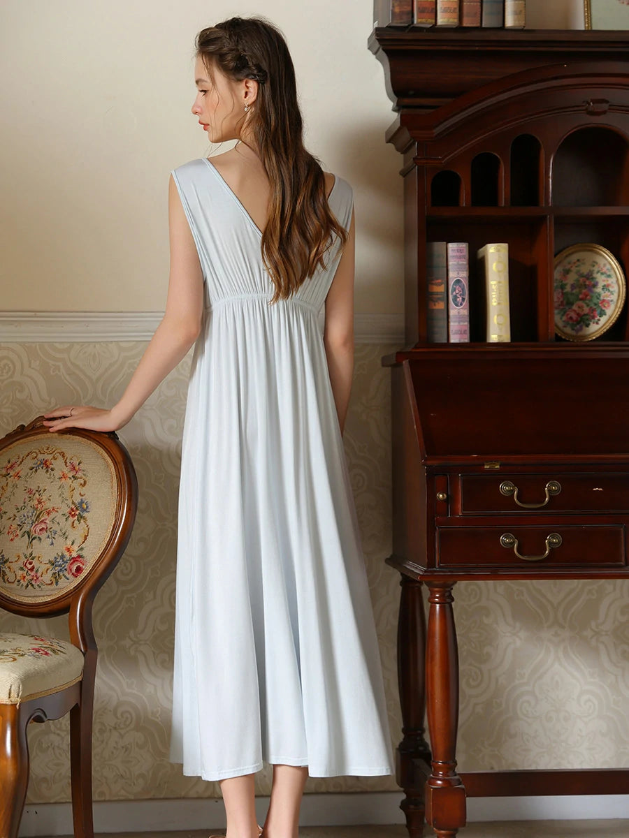Slessic Vintage French Romantic Large V-Neck Exquisite Embroidered Bow Elegant Sleeveless Slip Nightdress Nightwear Sleepwear