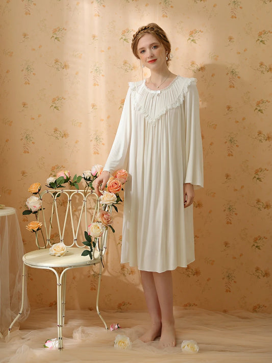 Slessic Vintage Romantic French Palace Style Bow Ruffled Edge Collar Exquisite Embroidered Lace Long-Sleeved Nightwear Nightgown