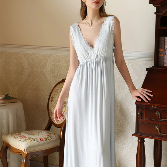 Slessic Vintage French Romantic Large V-Neck Exquisite Embroidered Bow Elegant Sleeveless Slip Nightdress Nightwear Sleepwear