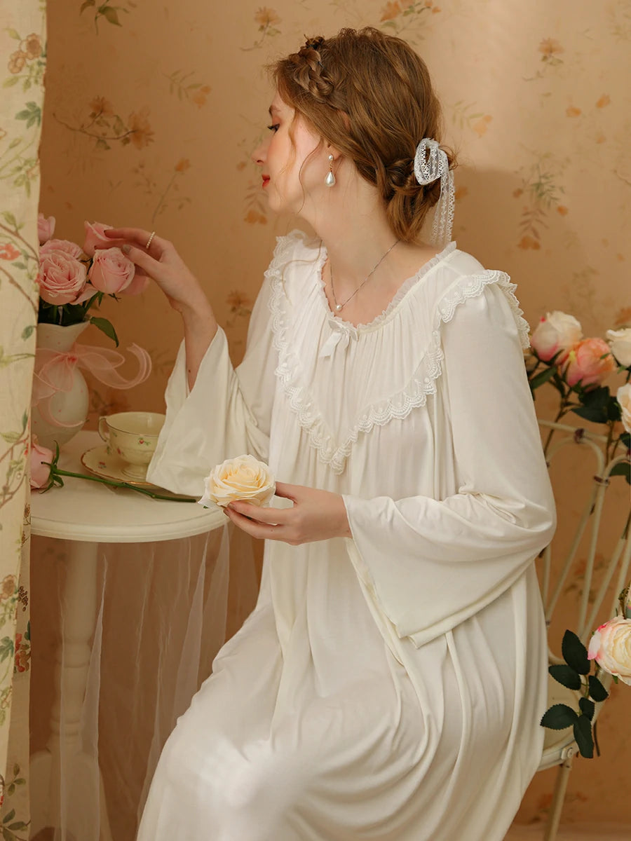 Slessic Vintage Romantic French Palace Style Bow Ruffled Edge Collar Exquisite Embroidered Lace Long-Sleeved Nightwear Nightgown