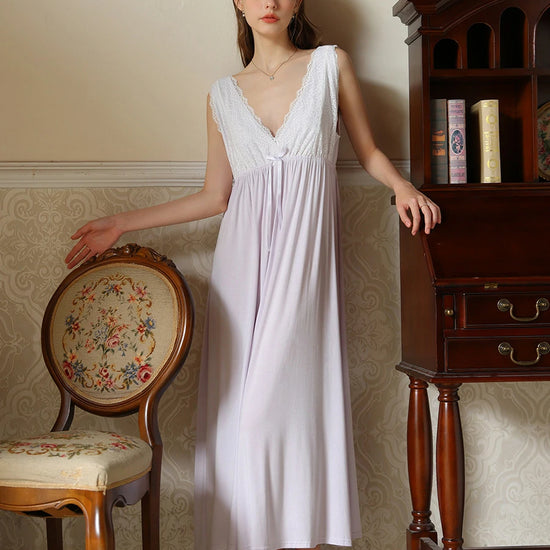 Slessic Vintage French Romantic Large V-Neck Exquisite Embroidered Bow Elegant Sleeveless Slip Nightdress Nightwear Sleepwear