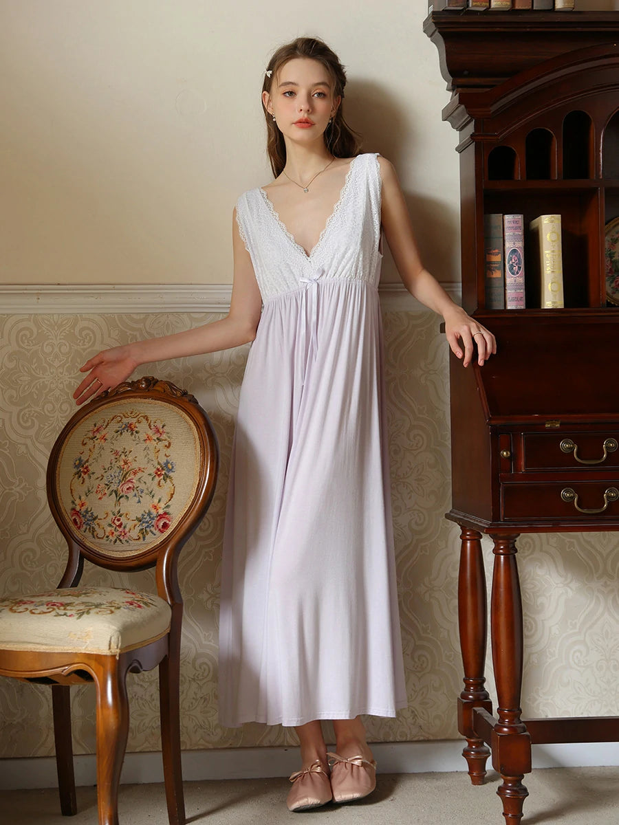 Slessic Vintage French Romantic Large V-Neck Exquisite Embroidered Bow Elegant Sleeveless Slip Nightdress Nightwear Sleepwear