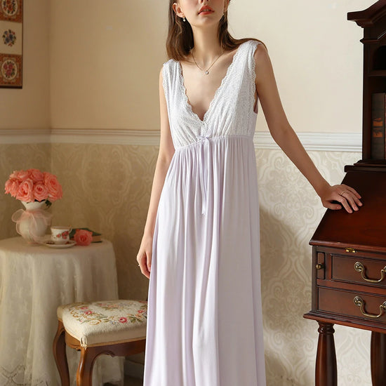 Slessic Vintage French Romantic Large V-Neck Exquisite Embroidered Bow Elegant Sleeveless Slip Nightdress Nightwear Sleepwear