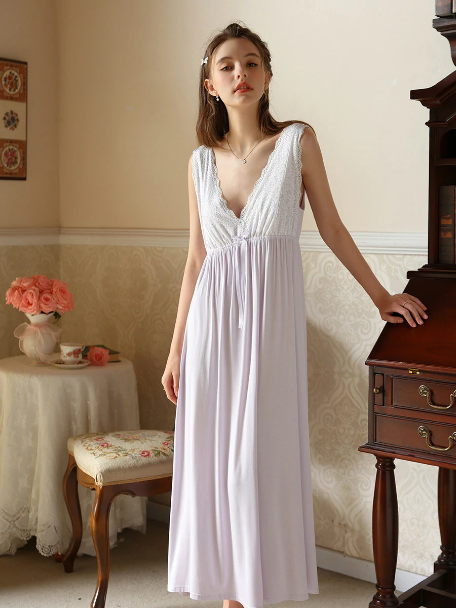 Slessic Vintage French Romantic Large V-Neck Exquisite Embroidered Bow Elegant Sleeveless Slip Nightdress Nightwear Sleepwear