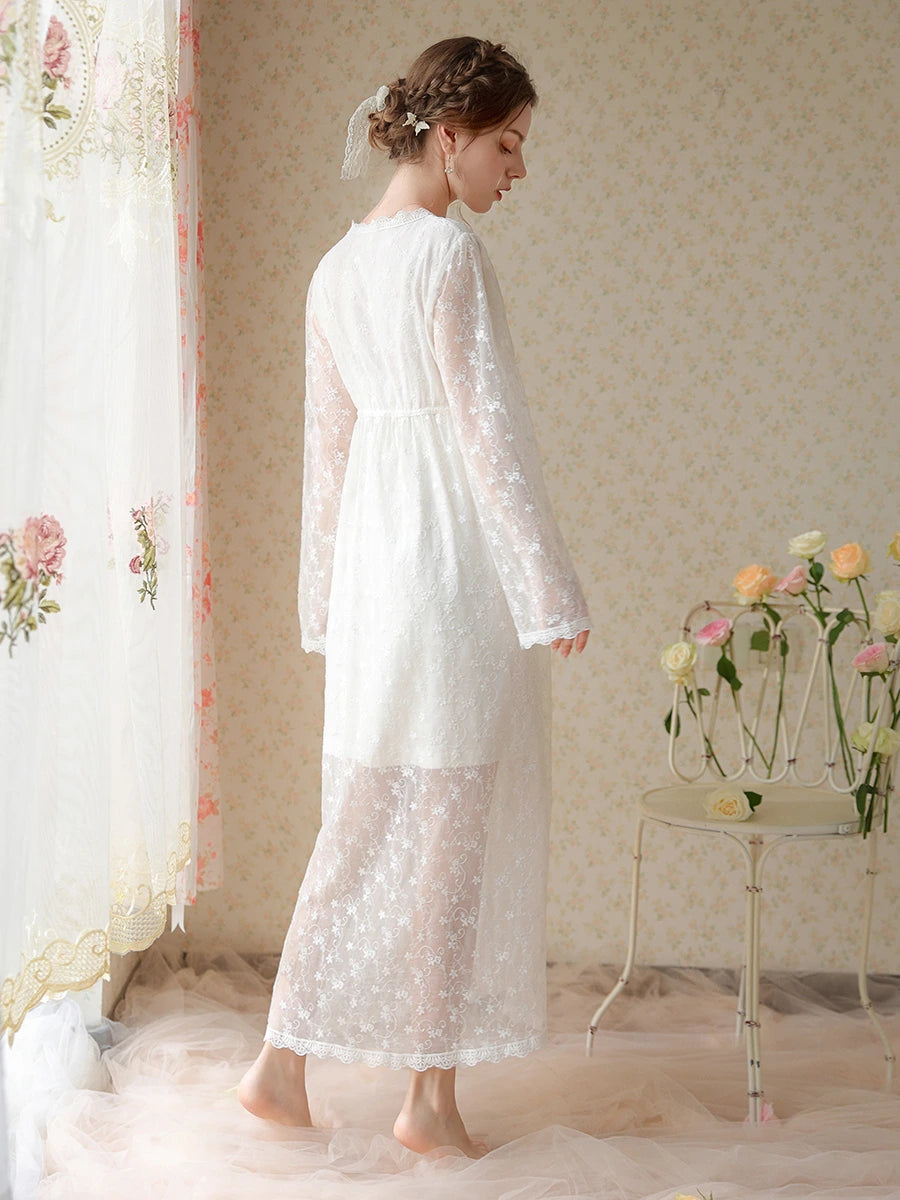 White Vintage Romantic See-Through Lace Embroidered Slip Mesh Robe Elegant Nightwear Nightdress Set