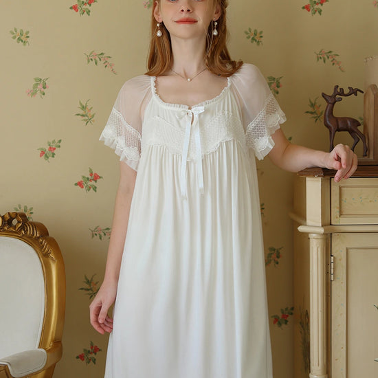 White Vintage Romantic Mesh Lace Embroidered Bow-Knot Elegant See-Through Short-Sleeve Nightwear Nightdress