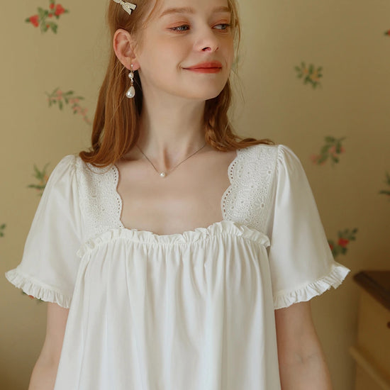White Vintage Romantic Embroidered Ruffled Edge Short Sleeve Loungewear Nightwear Pajama Set