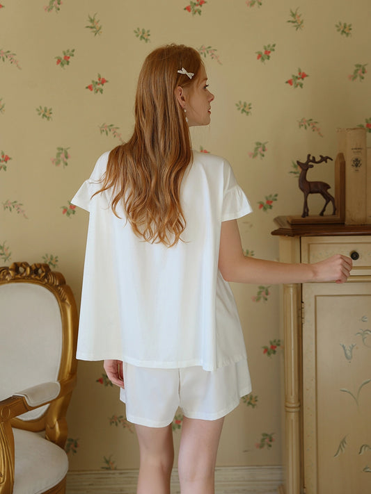 White Vintage Romantic Embroidered Bow-Knot V-Neck Short-Sleeved Loungewear Nightwear Pajamas Set