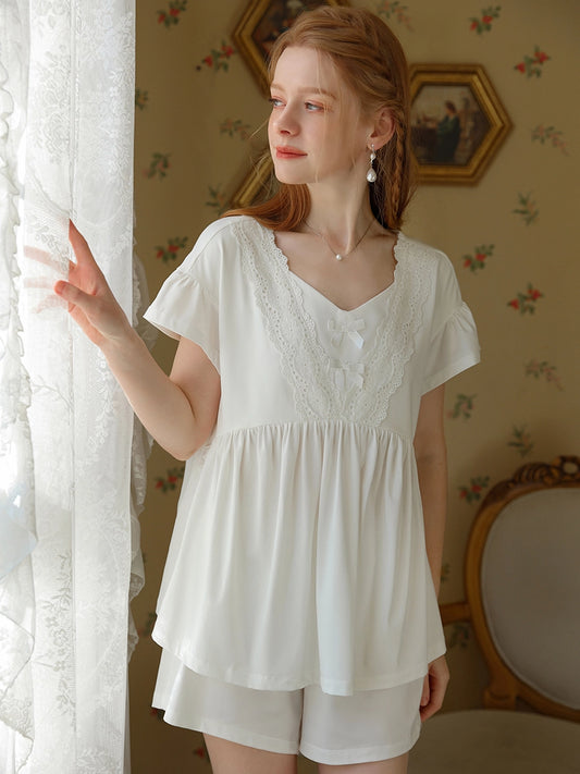 White Vintage Romantic Embroidered Bow-Knot V-Neck Short-Sleeved Loungewear Nightwear Pajamas Set