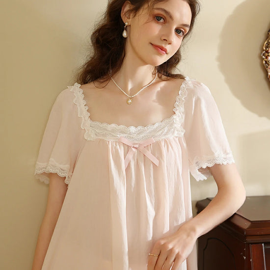 Slessic Vintage French Cute Princess Style Exquisite Lace Embroidered Bow Simple Sweet Short-Sleeved Pajamas Set Loungewear Nightwear