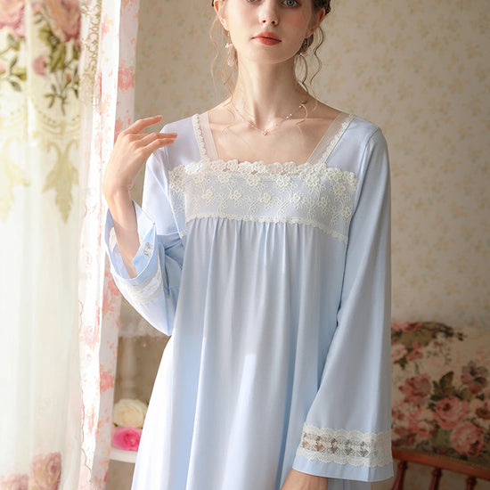 Light Blue Vintage Romantic Chinese Style Embroidered Lace See-Through Mesh Long-Sleeved Nightwear Nightdress
