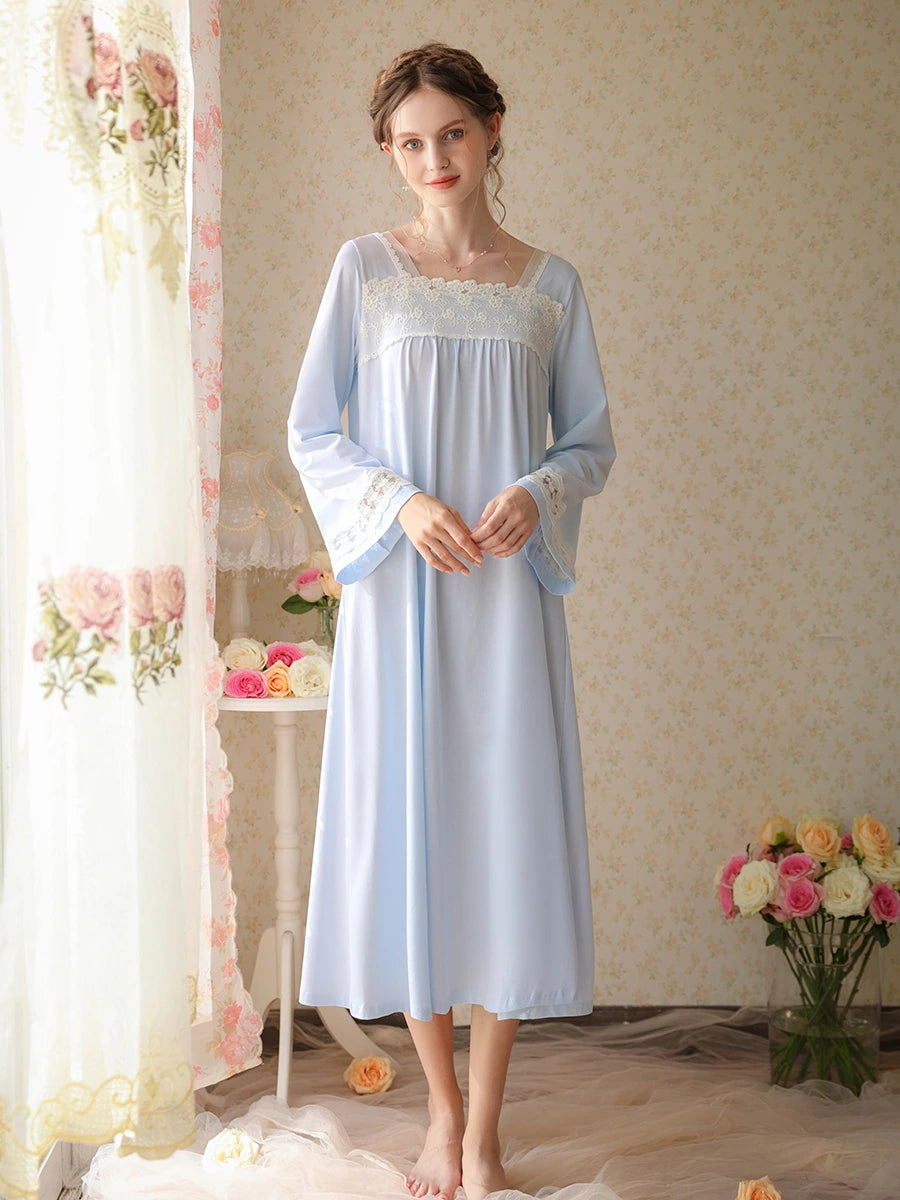 Light Blue Vintage Romantic Chinese Style Embroidered Lace See-Through Mesh Long-Sleeved Nightwear Nightdress