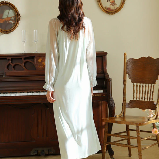 Slessic Vintage French Romantic Exquisite Lace Sweet Bow See-through Mesh Long-sleeved Nightdress Nightwear Sleepwear