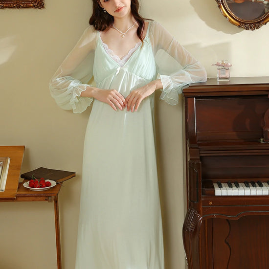 Slessic Vintage French Romantic Exquisite Lace Sweet Bow See-through Mesh Long-sleeved Nightdress Nightwear Sleepwear