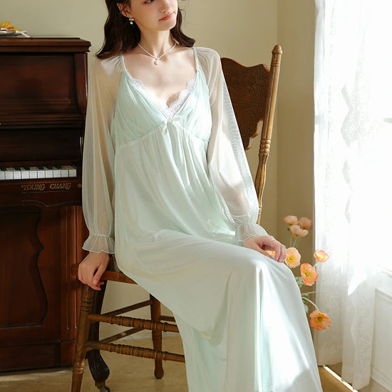 Slessic Vintage French Romantic Exquisite Lace Sweet Bow See-through Mesh Long-sleeved Nightdress Nightwear Sleepwear