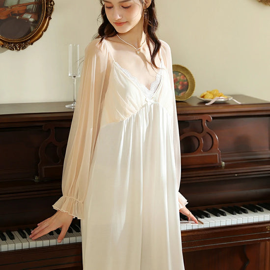 Slessic Vintage French Romantic Exquisite Lace Sweet Bow See-through Mesh Long-sleeved Nightdress Nightwear Sleepwear