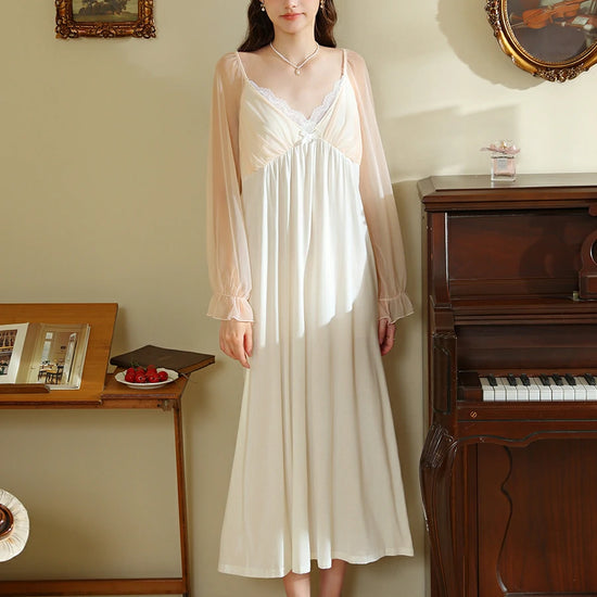Slessic Vintage French Romantic Exquisite Lace Sweet Bow See-through Mesh Long-sleeved Nightdress Nightwear Sleepwear