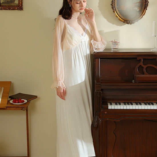 Slessic Vintage French Romantic Exquisite Lace Sweet Bow See-through Mesh Long-sleeved Nightdress Nightwear Sleepwear