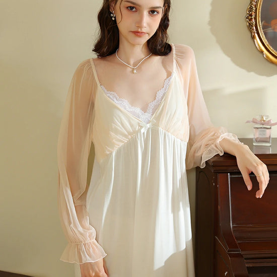Slessic Vintage French Romantic Exquisite Lace Sweet Bow See-through Mesh Long-sleeved Nightdress Nightwear Sleepwear