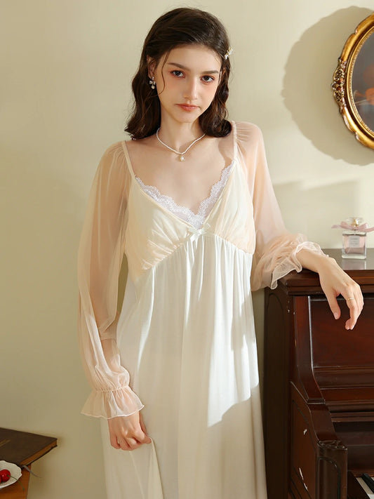 Slessic Vintage French Romantic Exquisite Lace Sweet Bow See-through Mesh Long-sleeved Nightdress Nightwear Sleepwear