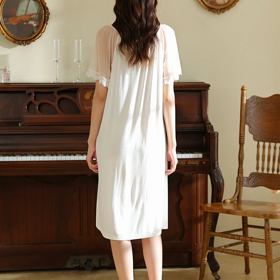 Slessic French Vintage Romantic Exquisite Lace Cute Bow Contrasting colors Mesh See-through Short-sleeved Nightdress Nightwear Sleepwear