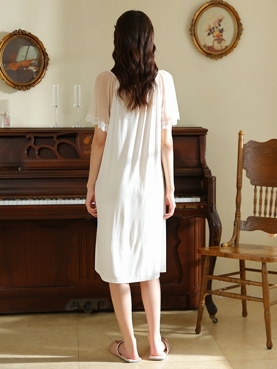 Slessic French Vintage Romantic Exquisite Lace Cute Bow Contrasting colors Mesh See-through Short-sleeved Nightdress Nightwear Sleepwear